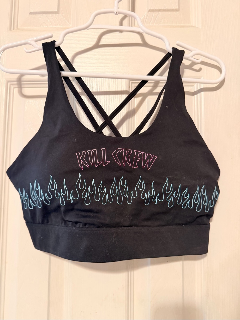 Kill Crew Black Sports Bra with Teal Flame Trim and Pink Logo